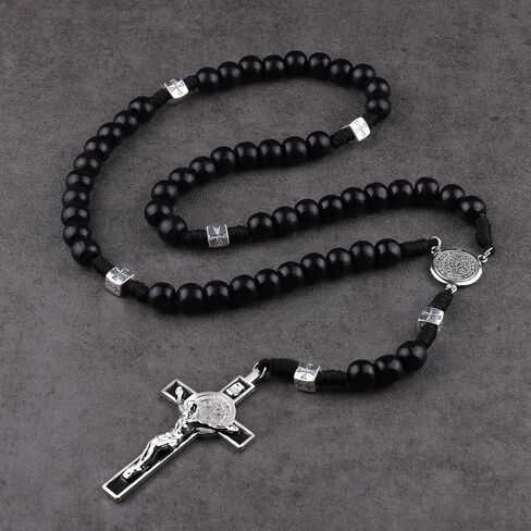 Luomu حبات المسبحة الخشبية السوداء مع خرز سانت بنديكت المعدني وقلادة مسبحة مع ميدالية وصليب للرجال in Kuwait
