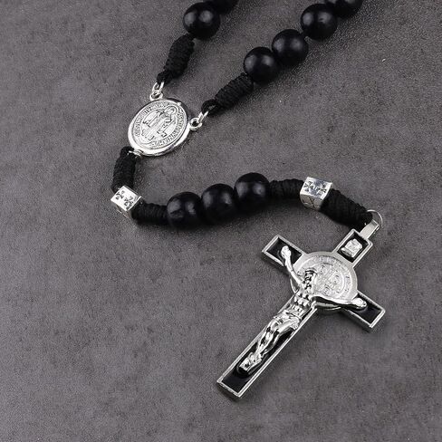 Luomu حبات المسبحة الخشبية السوداء مع خرز سانت بنديكت المعدني وقلادة مسبحة مع ميدالية وصليب للرجال in Kuwait
