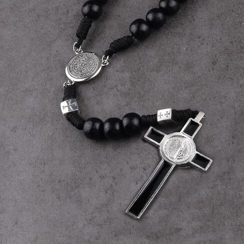 Luomu حبات المسبحة الخشبية السوداء مع خرز سانت بنديكت المعدني وقلادة مسبحة مع ميدالية وصليب للرجال in Kuwait