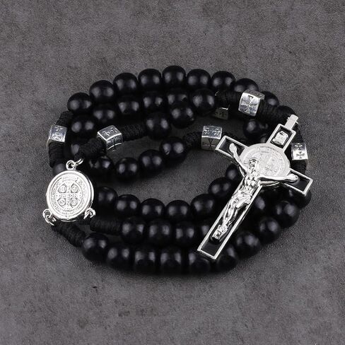 Luomu حبات المسبحة الخشبية السوداء مع خرز سانت بنديكت المعدني وقلادة مسبحة مع ميدالية وصليب للرجال in Kuwait