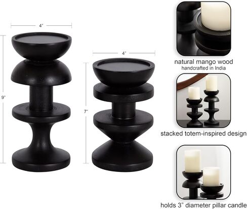 Kate and Laurel Mazari Modern Two-Piece Candle Holder Set, 4 x 4 x 9, Black, Contemporary Totem Wooden Pillar Candle Holders for Living Room Decor Accents in Saudi Arabia
