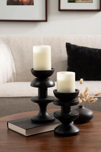 Kate and Laurel Mazari Modern Two-Piece Candle Holder Set, 4 x 4 x 9, Black, Contemporary Totem Wooden Pillar Candle Holders for Living Room Decor Accents in Saudi Arabia