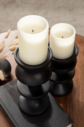 Kate and Laurel Mazari Modern Two-Piece Candle Holder Set, 4 x 4 x 9, Black, Contemporary Totem Wooden Pillar Candle Holders for Living Room Decor Accents in Saudi Arabia