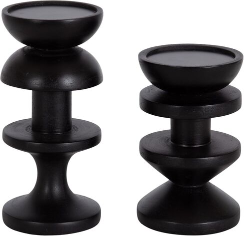 Kate and Laurel Mazari Modern Two-Piece Candle Holder Set, 4 x 4 x 9, Black, Contemporary Totem Wooden Pillar Candle Holders for Living Room Decor Accents in Saudi Arabia