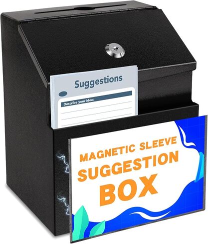 LINSIRON Suggestion Box with Lock for Office & Hotel - Includes 50 Free Cards, Black Metal Donation Box, Cash box,Ballot box, Secure Wall Mounted in Saudi Arabia