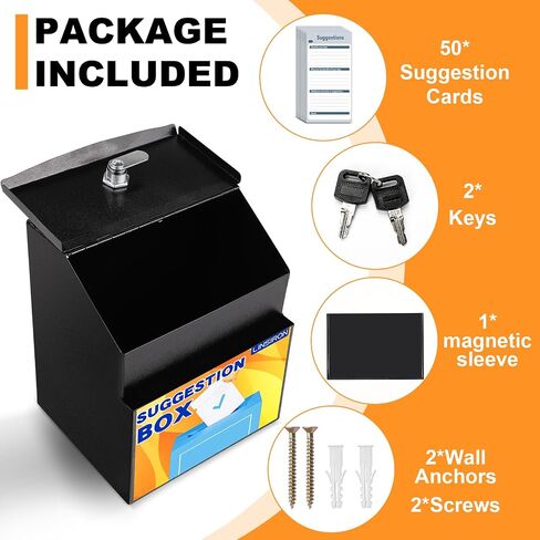 LINSIRON Suggestion Box with Lock for Office & Hotel - Includes 50 Free Cards, Black Metal Donation Box, Cash box,Ballot box, Secure Wall Mounted in Saudi Arabia
