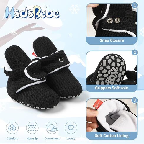 HsdsBebe Unisex Newborn Baby Cotton Booties Non-Slip Sole for Toddler Boys Girls Infant Winter Warm Fleece Cozy Socks Shoes in Kuwait