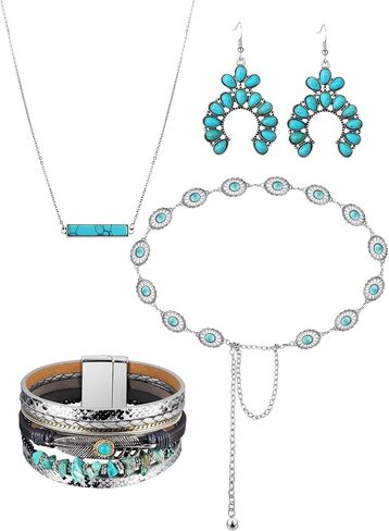 Nosiny 4 Pcs Bohemian Turquoise Jewelry for Set Women Western Waist Belt Vintage Drop Earring and Necklace Boho Wrap Bracelet in Saudi Arabia