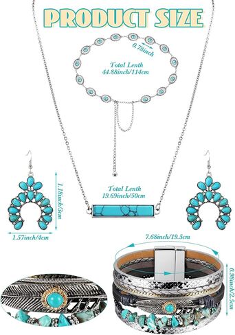 Nosiny 4 Pcs Bohemian Turquoise Jewelry for Set Women Western Waist Belt Vintage Drop Earring and Necklace Boho Wrap Bracelet in Saudi Arabia