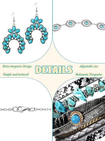 Nosiny 4 Pcs Bohemian Turquoise Jewelry for Set Women Western Waist Belt Vintage Drop Earring and Necklace Boho Wrap Bracelet in Saudi Arabia
