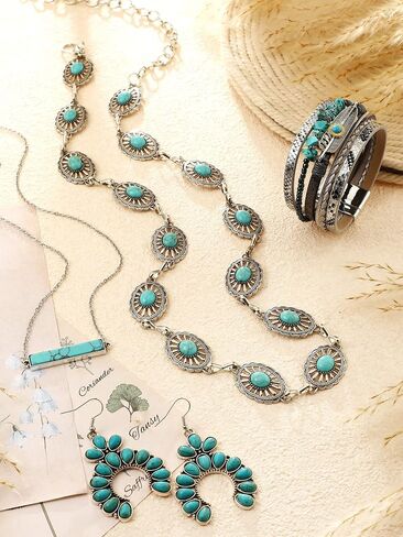 Nosiny 4 Pcs Bohemian Turquoise Jewelry for Set Women Western Waist Belt Vintage Drop Earring and Necklace Boho Wrap Bracelet in Saudi Arabia