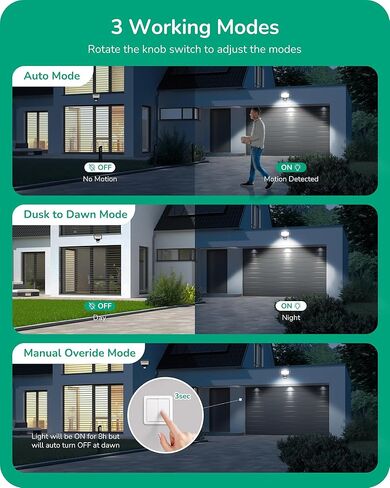 EDISHINE Motion Sensor, 240° & 360° Sensing Angle, Outdoor Motion Sensor 3 Modes, Replacement Motion Sensor, Automatic Dusk to Dawn Motion Sensor, Delay Time & 60FT Detection Range, Black, UL Listed in Kuwait