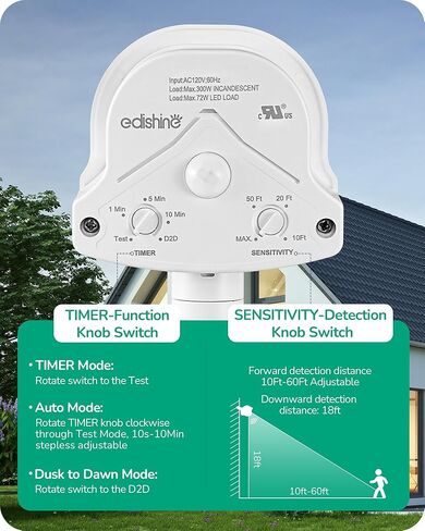 EDISHINE Motion Sensor, 240° & 360° Sensing Angle, Outdoor Motion Sensor 3 Modes, Replacement Motion Sensor, Automatic Dusk to Dawn Motion Sensor, Delay Time & 60FT Detection Range, Black, UL Listed in Kuwait