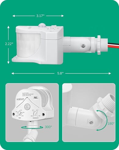 EDISHINE Motion Sensor, 240° & 360° Sensing Angle, Outdoor Motion Sensor 3 Modes, Replacement Motion Sensor, Automatic Dusk to Dawn Motion Sensor, Delay Time & 60FT Detection Range, Black, UL Listed in Kuwait