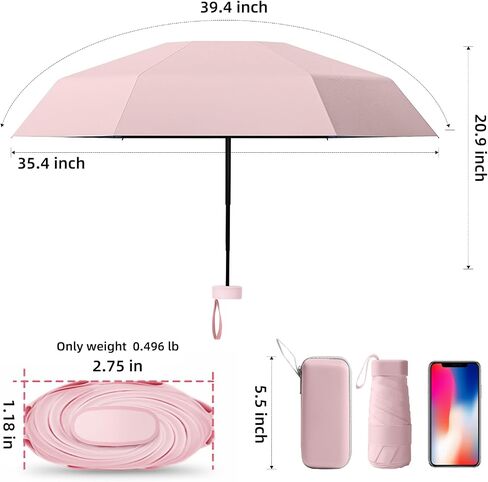 Travel Umbrella - Mini Folding Compact Umbrella with Case, 8 Ribs Lightweight Portable Umbrella, Small Sun & Rain Pocket Umbrella for Girls and Women in Saudi Arabia