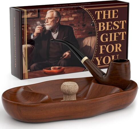Elegant Walnut Wooden Tobacco Pipe Ashtray with Cork Knocker-Dual Pipe Ashtray for Indoor & Outdoor Use-Stylish Tobacco Pipe Stand & Holder-Essential Tobacco Pipes & Accessories（Do not include pipes） in Saudi Arabia
