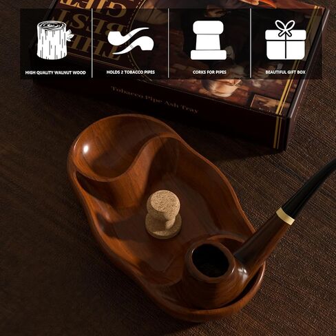 Elegant Walnut Wooden Tobacco Pipe Ashtray with Cork Knocker-Dual Pipe Ashtray for Indoor & Outdoor Use-Stylish Tobacco Pipe Stand & Holder-Essential Tobacco Pipes & Accessories（Do not include pipes） in Saudi Arabia