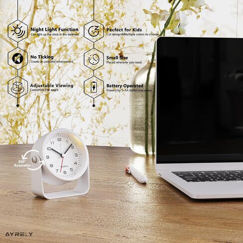 AYRELY® 3.5 Inch Small Analog Alarm Clocks,Battery Operated Desk Clock,Cute Table Clock with Light，Adjustable Angle for Travel,Bedside,Bedroom,Kids,Living Room Decor (White) in Saudi Arabia