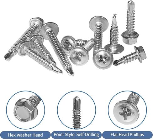 450PCS Self Tapping Screws for Metal, Stainless Steel Screws #8#10 Self Drilling Screws Assortment Set, Round Head #8x1/2'' to 2'', Hex Head #8x1/2'' to 1-1/2", #10x1/2'' to #10x1-1/4" in Kuwait