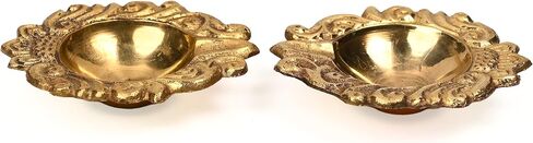 مجموعة من 2 مصباح زيت نحاسي ديني من Diya Deepak Pooja Diya ضروري للديكور الهندي التقليدي Aarti Diya إكسسوارات الإضاءة عناصر الهدايا مجموعة Pooja مصابيح الفوانيس (الحجم: -2 بوصة) (ذهبي) in Saudi Arabia