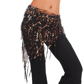 Belly Dance Sequin Hip Scarf Triangle Shawl Tassel Wrap Skirts for Women and Girls (Black Gold)
