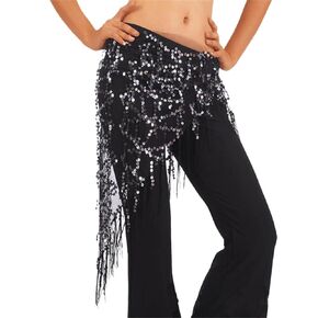 Belly Dance Sequin Hip Scarf Triangle Shawl Tassel Wrap Skirts for Women and Girls (Black Gold)