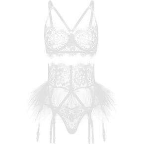 LINGERLOVE Women Sexy Lingerie Set with Garter Belts 3 Piece Eyelash Bra and Panty Bodysuit