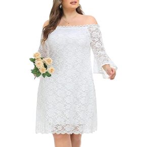Plus Size Dresses for Women Wedding Guest Off The Shoulder Lace Cocktail Short Dress with Bell Sleeve