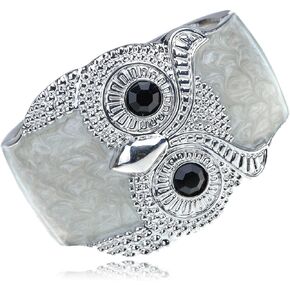 Alilang Silvery Shiny Tone Owl Bird Cream Enamel Glossy Swirl Cloudy Bracelet Bangle Cuff