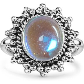 MYLYAHY S925 خاتم حجر القمر من الفضة الاسترليني للنساء الفتيات، خاتم كلاسيكي من الحجر الطبيعي الأصلي والأحجار الكريمة، خاتم كوكتيل فاسق راكب الدراجة النارية العتيقة كريستال بوهو خاتم مجوهرات لها in Kuwait