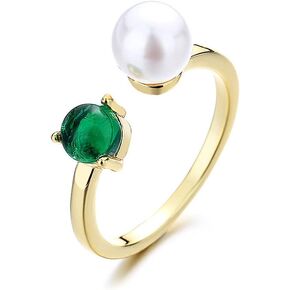 OIDIMS Emerald Pearl Open Ring 18K Gold Plated Statement Dainty Thin Adjustable Stacking Finger Engagement Wedding Band Charm Birthday Fashion Gift for Women Girls Christmas Bff