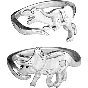 tenghong2021 2PCS Dinosaur Rings, Cute Tyrannosaurus and Triceratops Adjustable Rings for Women Teen Girls, Love Gift for Him Her Personalized, Jurassic Era Dinosaur Ring