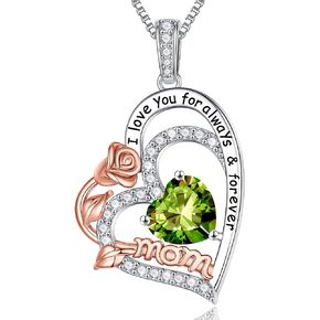 Iefil Valentines Day Gifts for Mom - Rose Heart Birthstone Necklace Love Gifts for Mom, Birthstone Jewelry Natural or Created Gemstone Mothers Day Valentines Birthday Christmas Gifts for Mom