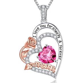 Iefil Valentines Day Gifts for Mom - Rose Heart Birthstone Necklace Love Gifts for Mom, Birthstone Jewelry Natural or Created Gemstone Mothers Day Valentines Birthday Christmas Gifts for Mom