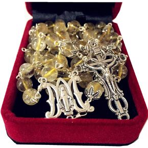 elegantmedical HANDMADE Rare Gold Rutilated Quartz Beads 5 DECADE Rosary CROSS gifts necklace Box