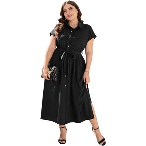 KOJOOIN Plus Size Maxi Dresses for Women Summer Tie Belt Work Polo Dress Business Casual Button Down Dress
