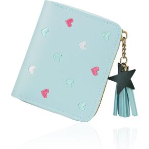 FuninCrea Ladies Purse Wallet with Star Pendant, PU Leather Purse with Card Slots and Compartments, Lady Credit Card Holder with Zipper, Solid Color Wallet with Embroidery Heart Pattern (blue)