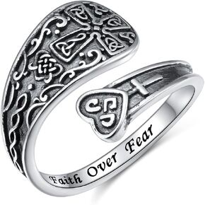 YinShan Adjustable Cross Spoon Ring with Message Faith Over Fear for Men Women 925 Sterling Silver Oxidation Vintage Rings for Boys Girls Religious Christmas Gifts