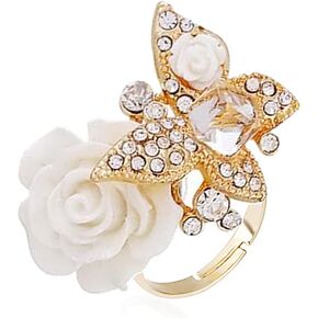Dtja CZ Butterfly Flower Wedding Ring for Women Girls Statement Engagement Rectangle Rhinstone Aryclic Rose Adjustable Open Wrap Finger Rings Comfort Fit Cocktail Party Vintagage Jewelry Gift