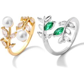 JUNVirtuous Rings for Women Set,2 Pieces Adjustable Silver Gold Rings Set Leaf | Water Drop | Cubic Zirconia | Open Rings Gift for Women Girls