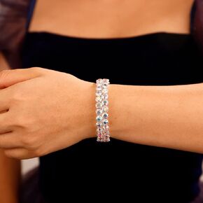 Xerling Full Crystal Iridescent Rhinestones Bracelets for Women Silver Layered Hand Chain Bracelets for Girls Bridal Wedding Hand Jewelry (AB Crystal-2 Row)