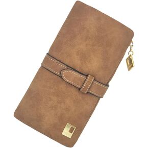FuninCrea Womens Wallet, PU Leather Wallet Purse Bifold Wallets for Women with Buckle, Long Ladies Purses With Metal Zipper and Multiple Slots for Working, Travelling (brown)