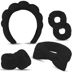 Hairband Set, 6Pcs Black Microfiber Skincare Makeup Headband Puffy Bubble Spa Hair Band with Wristbands, Gifts for Female