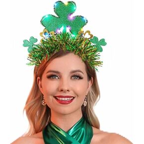GORTIN Light up St Patrick's Day Headband Green LED Shamrock Headbands Glowing Irish Hair Band Festival Party Costume Hair Accessories for Women and Girls