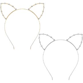 Bunnycool 2 Pcs Crystal Cat Ears Headband Rhinestone Cat Ear Tiaras Hair Band Party Cosplay Costume Accessory for Girls Women Golden Silver