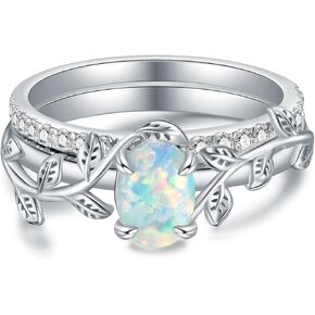 MOTIEL Genuine Opal Engagement Ring for Women,1ct Leaf Oval Opal Ring Set in 925 Sterling Silver with Cubic Zirconia Wedding Valentine's Day Dainty Promise Ring For Her