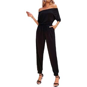 WDIRARA Women's Off Shoulder Half Sleeve Drawstring High Waist Baggy Jumpsuit with Pocket