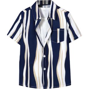 Verdusa Boy's Striped Print Short Sleeve Collar Button Up Casual Shirt Tops