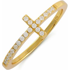 SILVERCLOSEOUT Rhodium Plated Sterling Silver Thin Womens Cz Cubic Zirconia Stackable Sideways Cross Ring Size 4-12