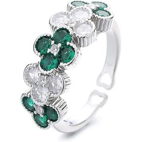 OIDIMS Irish Four Leaf Clover Shamrock Ring St Patricks Day Simulated Emerald Crystal Adjustable Open Flower Rings Vintage Statement Lucky Heart Flower Stackable Jewelry for Women Girls Teen Bff